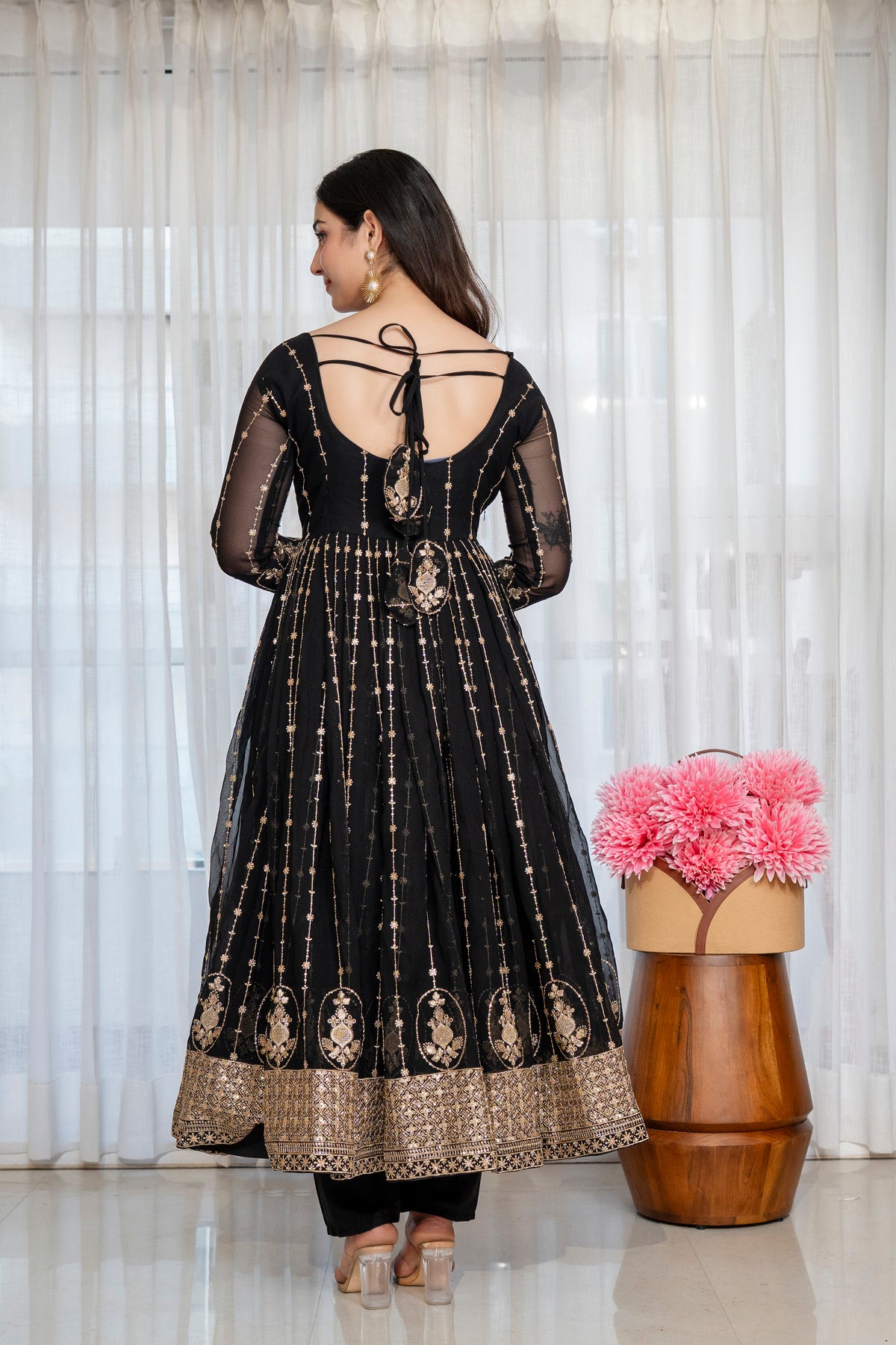 Black & Gold Embroidered Anarkali Gown – Full Flare Ethnic Dress