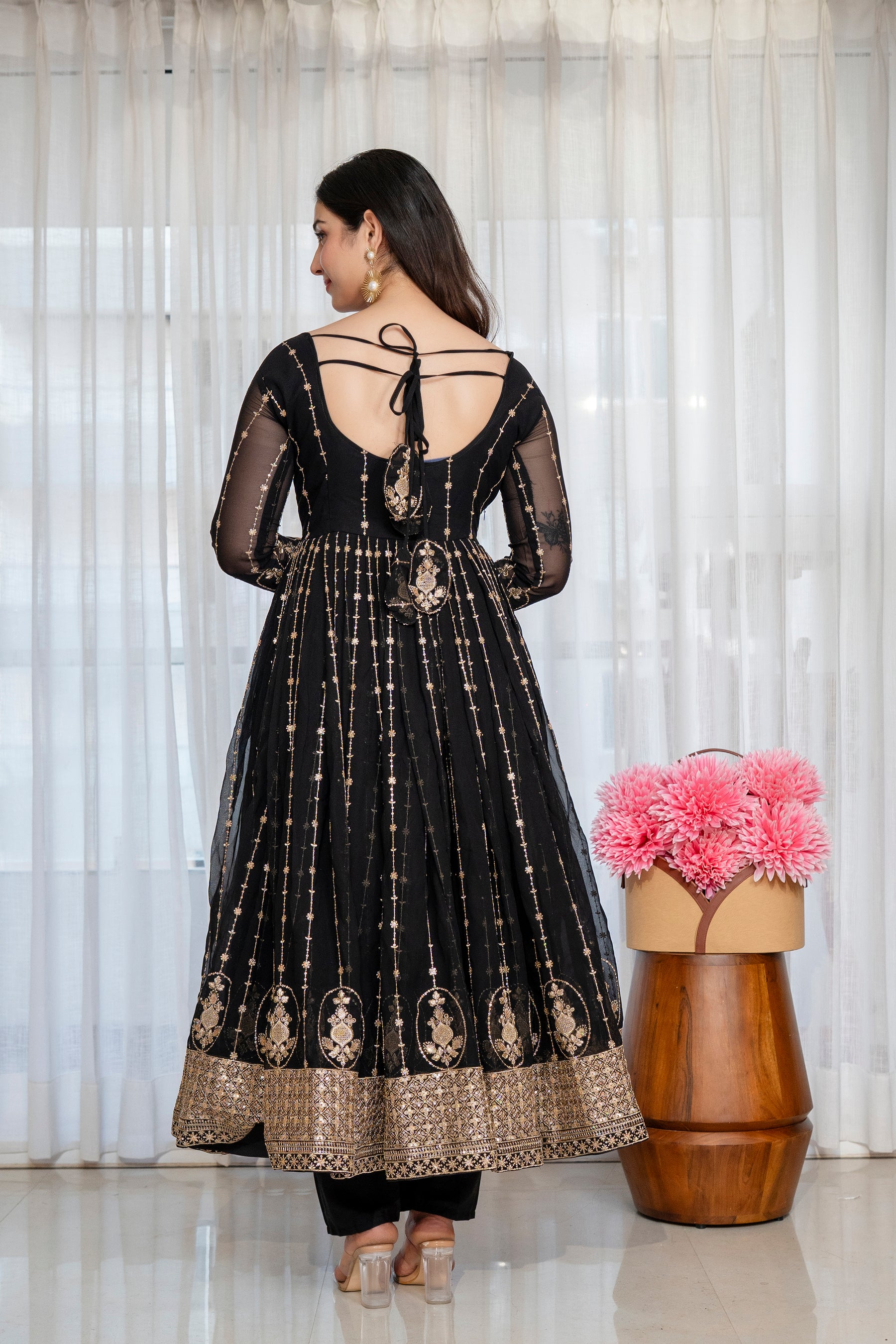 Black & Gold Embroidered Anarkali Gown – Full Flare Ethnic Dress