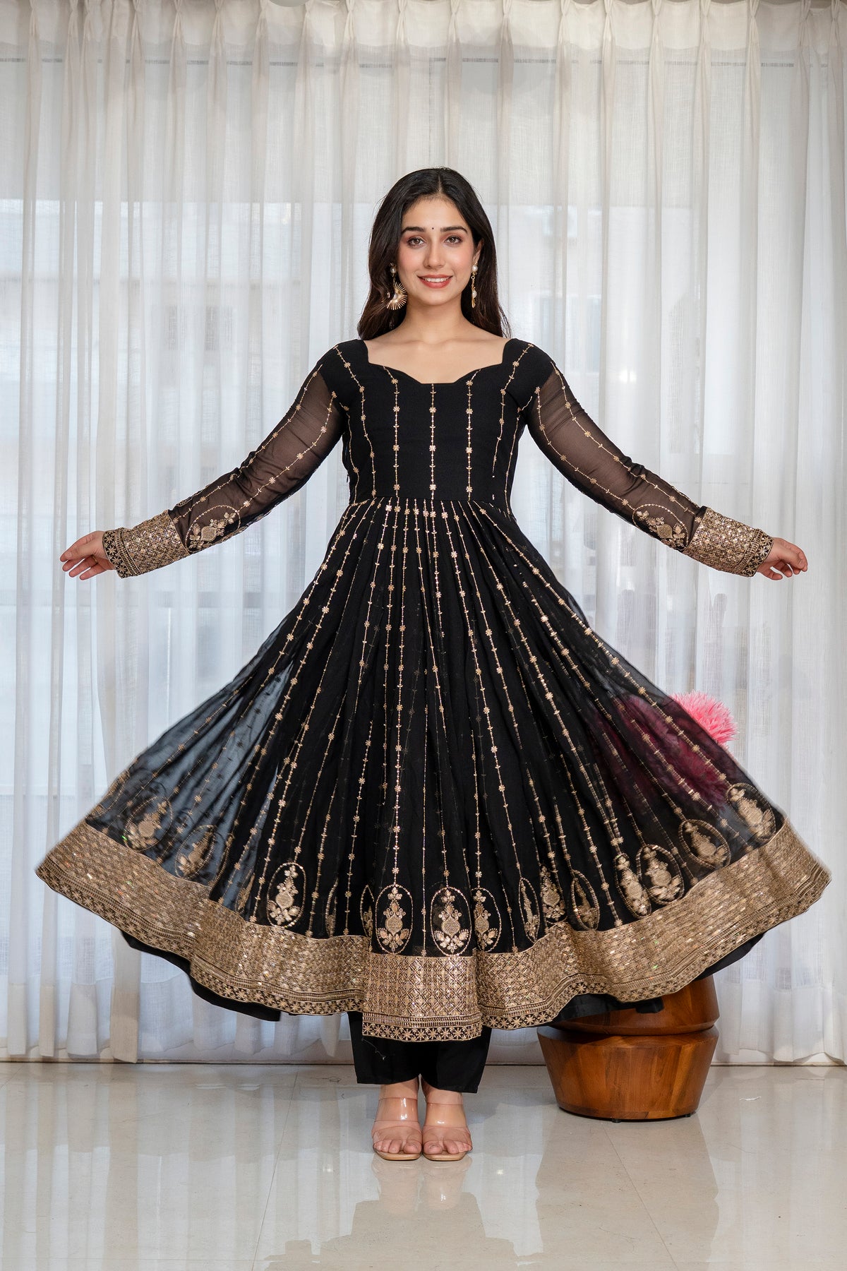 Black & Gold Embroidered Anarkali Gown – Full Flare Ethnic Dress