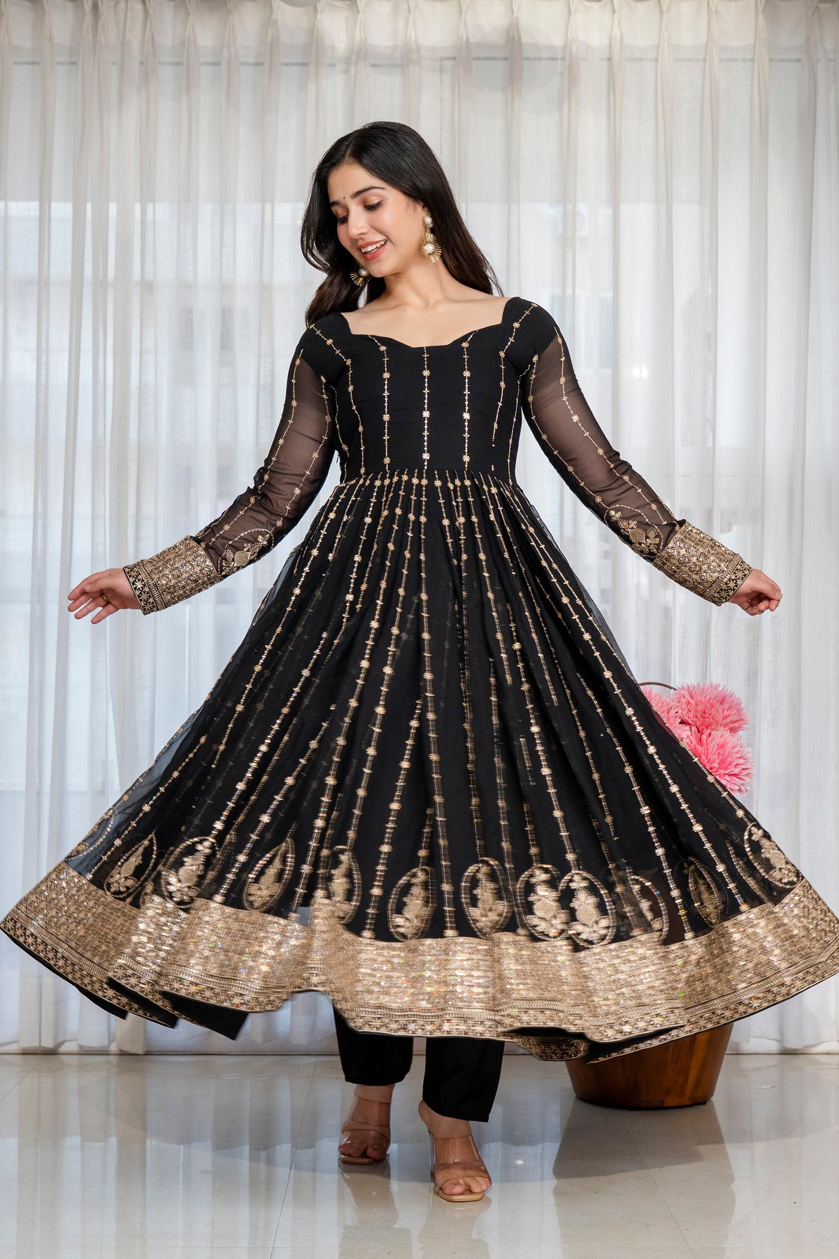 Black & Gold Embroidered Anarkali Gown – Full Flare Ethnic Dress
