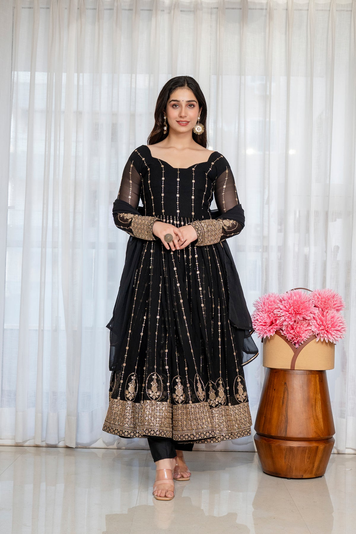 Black & Gold Embroidered Anarkali Gown – Full Flare Ethnic Dress