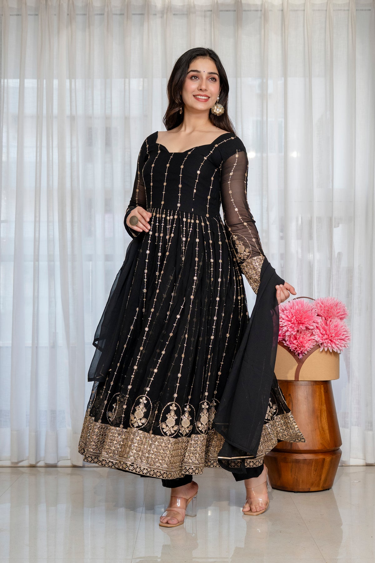 Black & Gold Embroidered Anarkali Gown – Full Flare Ethnic Dress