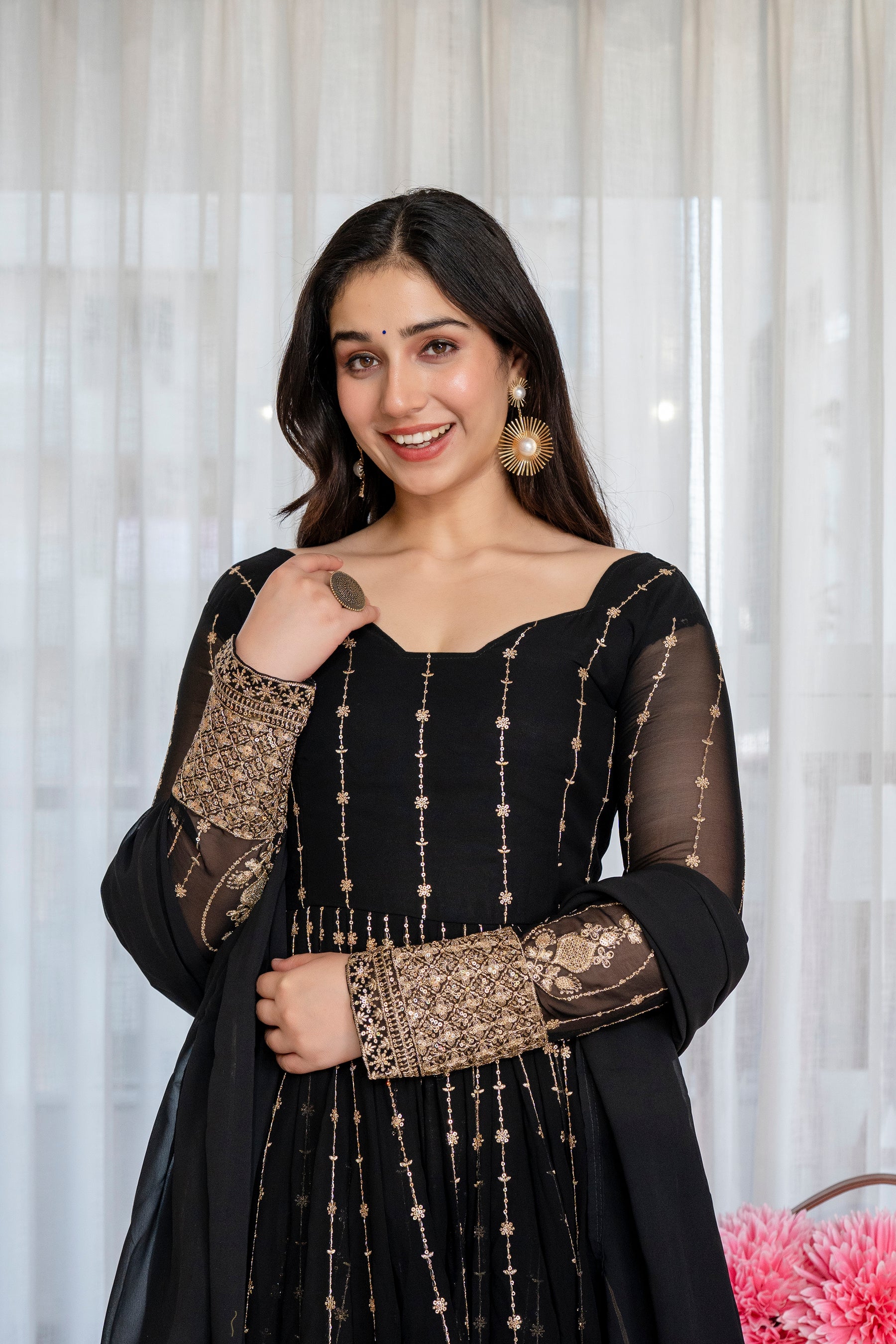 Black & Gold Embroidered Anarkali Gown – Full Flare Ethnic Dress