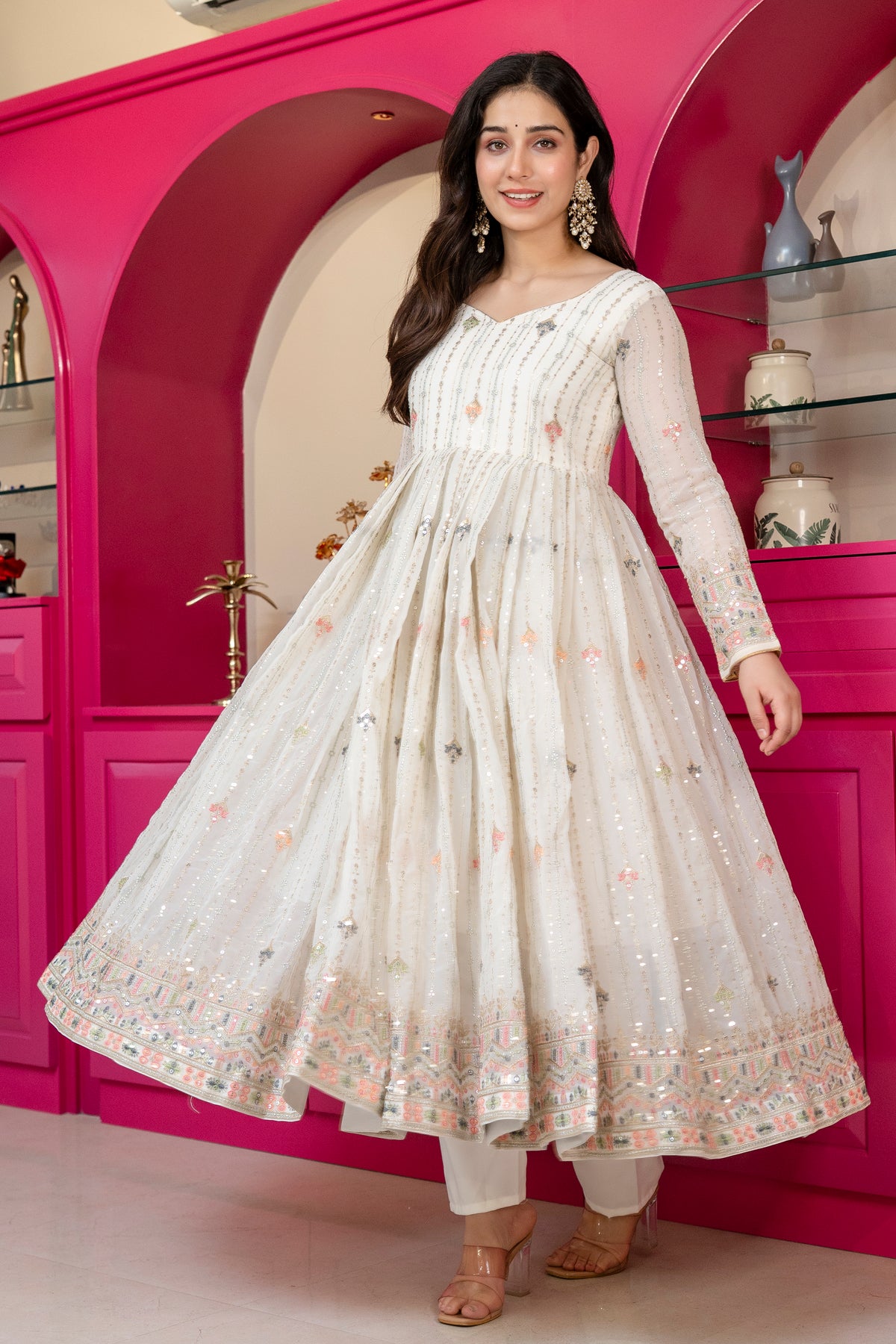 Elegant Ivory Embroidered Anarkali Suit Set with Dupatta