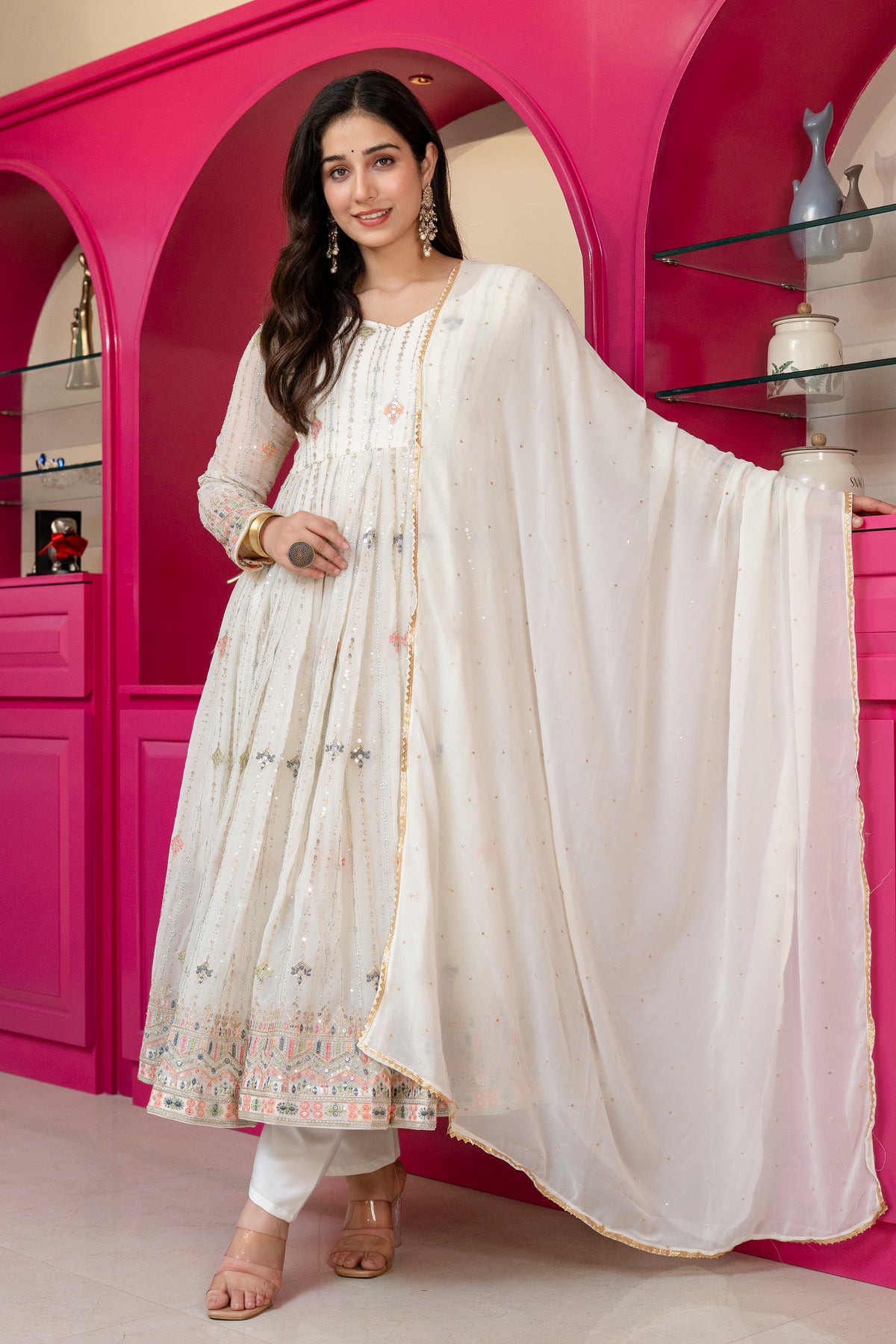 Elegant Ivory Embroidered Anarkali Suit Set with Dupatta