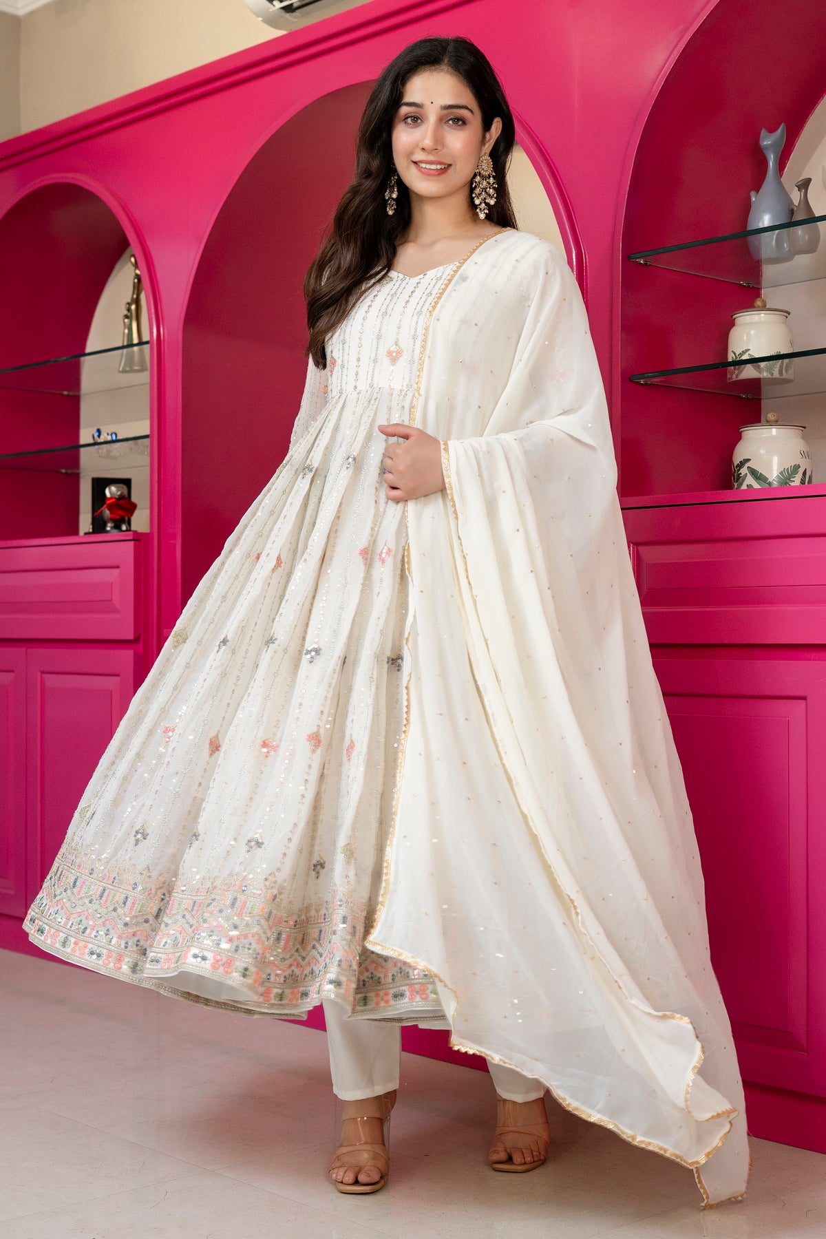 Elegant Ivory Embroidered Anarkali Suit Set with Dupatta