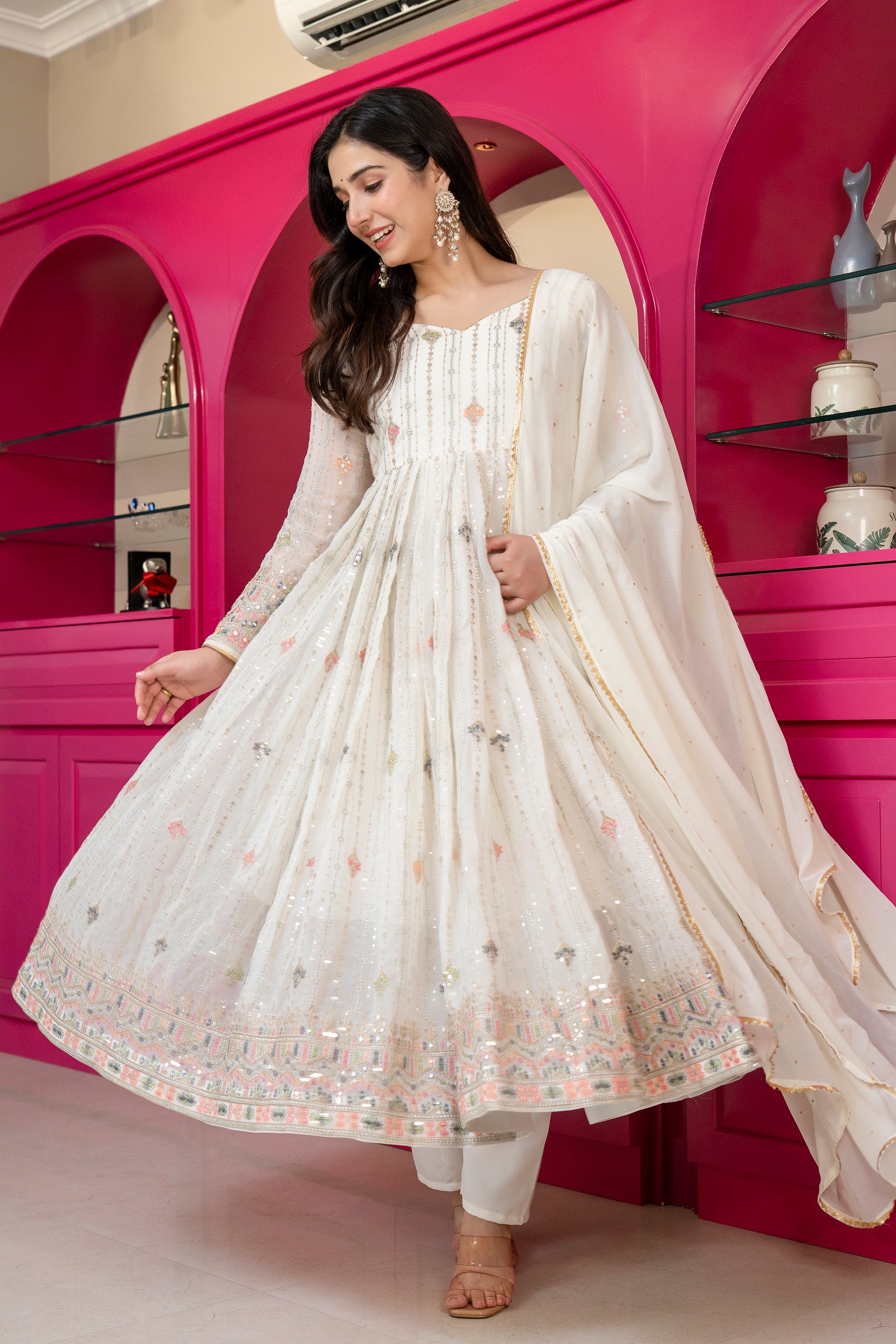 Elegant Ivory Embroidered Anarkali Suit Set with Dupatta