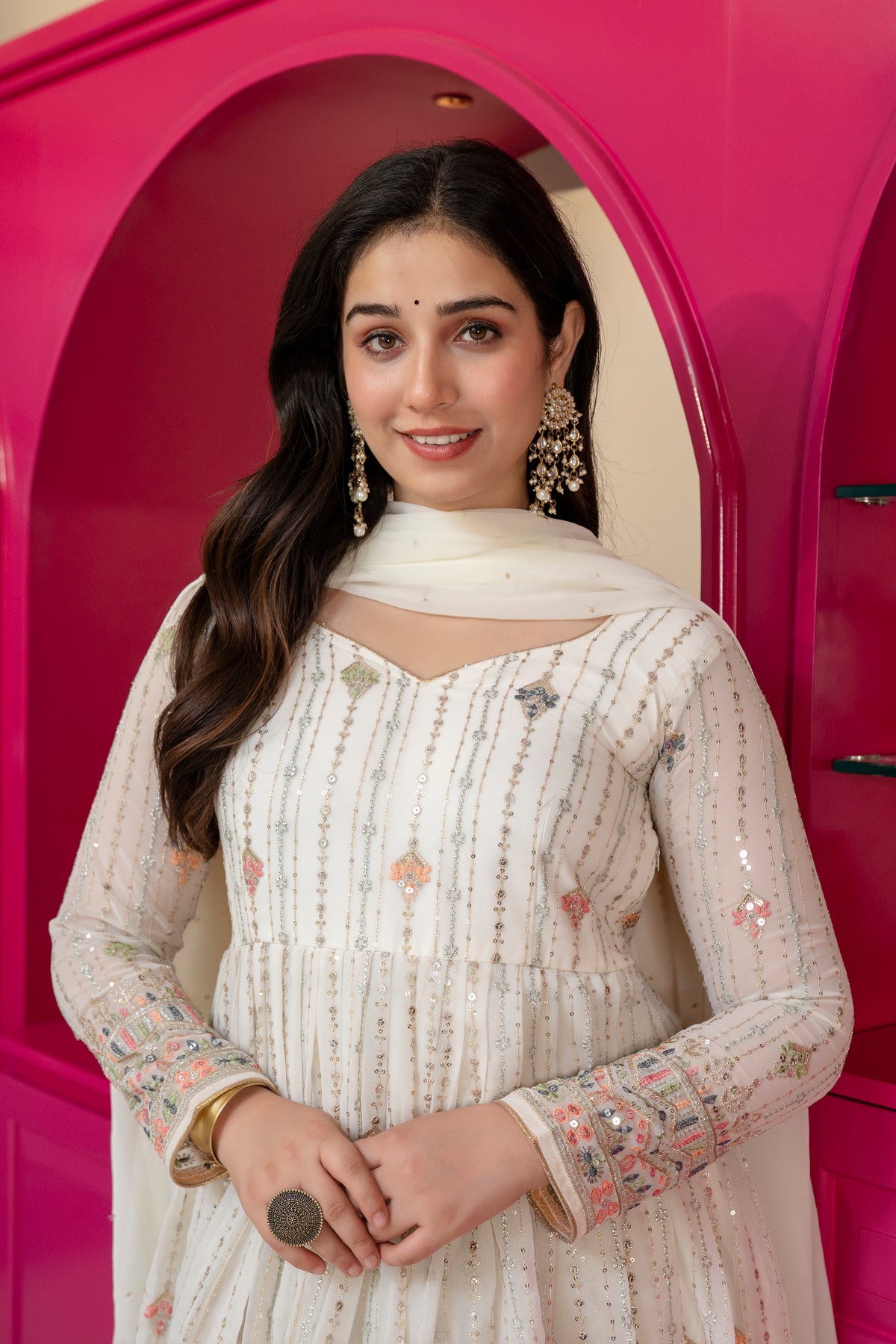 Elegant Ivory Embroidered Anarkali Suit Set with Dupatta