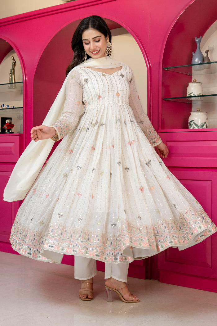 Elegant Ivory Embroidered Anarkali Suit Set with Dupatta