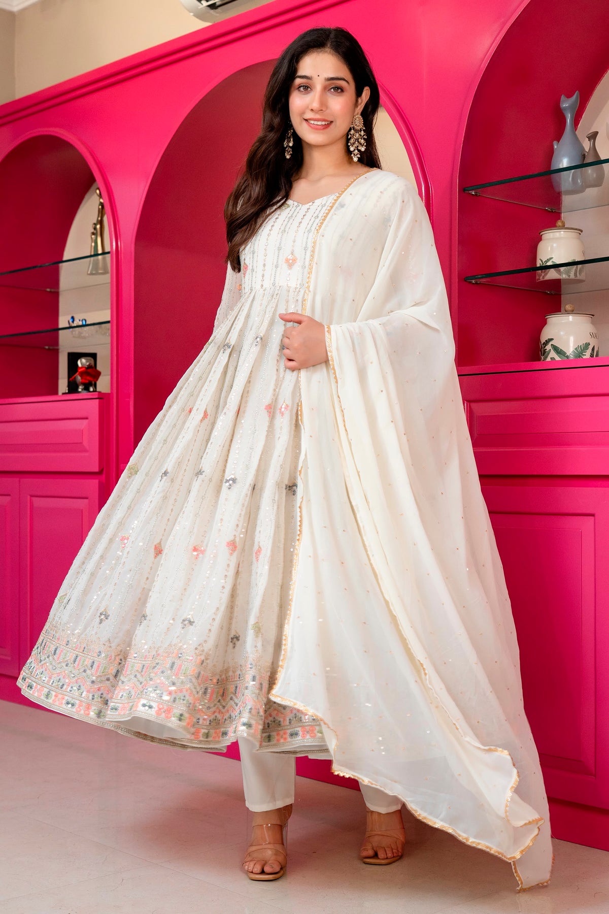Elegant Ivory Embroidered Anarkali Suit Set with Dupatta