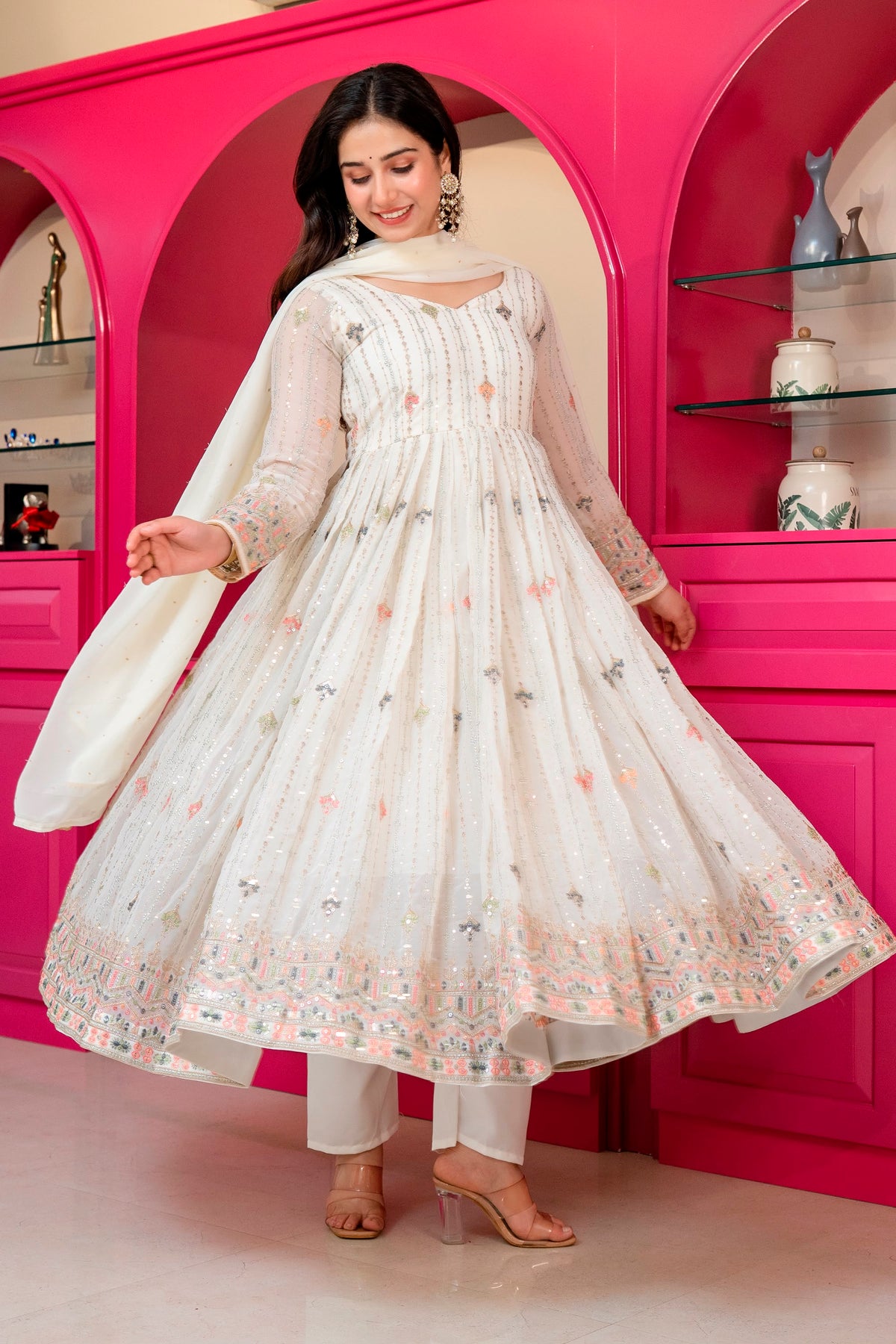 Elegant Ivory Embroidered Anarkali Suit Set with Dupatta