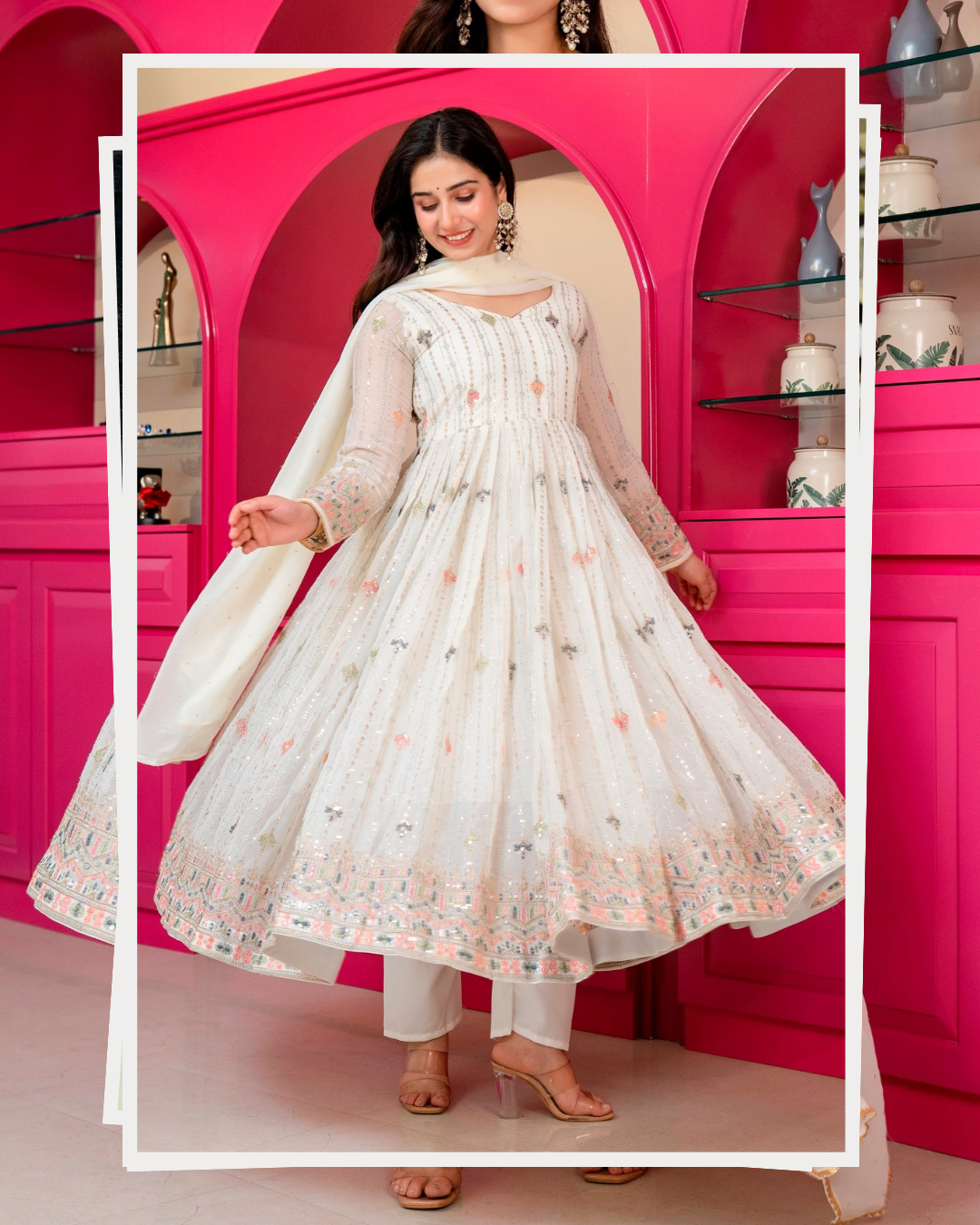 Elegant Ivory Embroidered Anarkali Suit Set with Dupatta