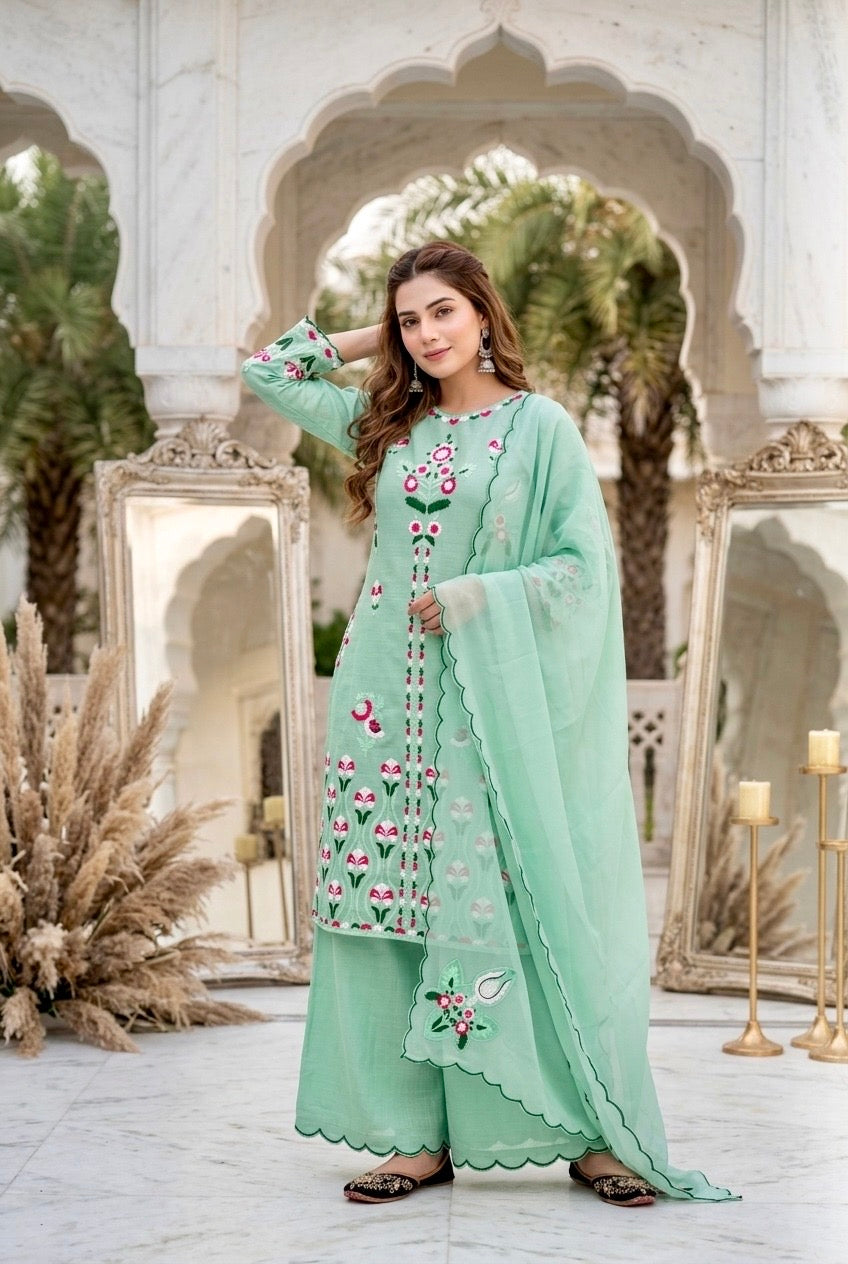 Mint Green Embroidered Cotton Silk 3 Piece Suit Set with Dupatta