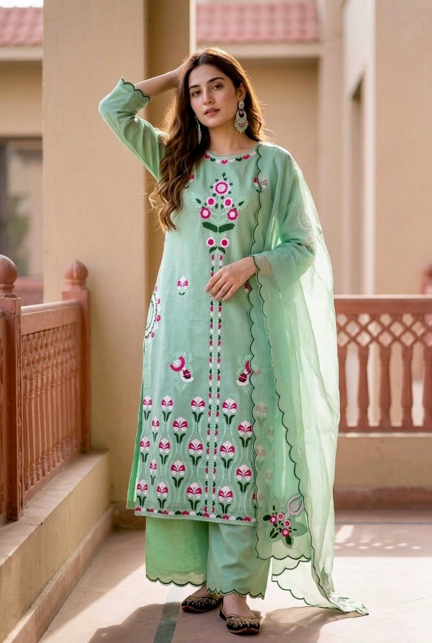 Mint Green Embroidered Cotton Silk 3 Piece Suit Set with Dupatta