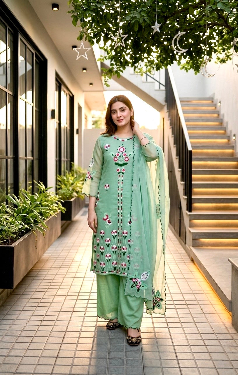 Mint Green Embroidered Cotton Silk 3 Piece Suit Set with Dupatta