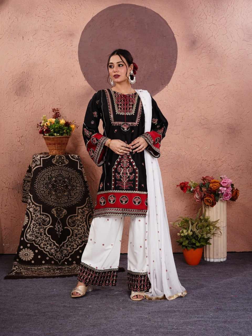 Designer heavy embroidery sequence work 3 piece suit set with natural silk top, embroidered palazzo and faux georgette dupatta with fancy lace border.