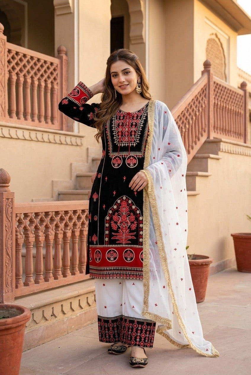 Designer heavy embroidery sequence work 3 piece suit set with natural silk top, embroidered palazzo and faux georgette dupatta with fancy lace border.