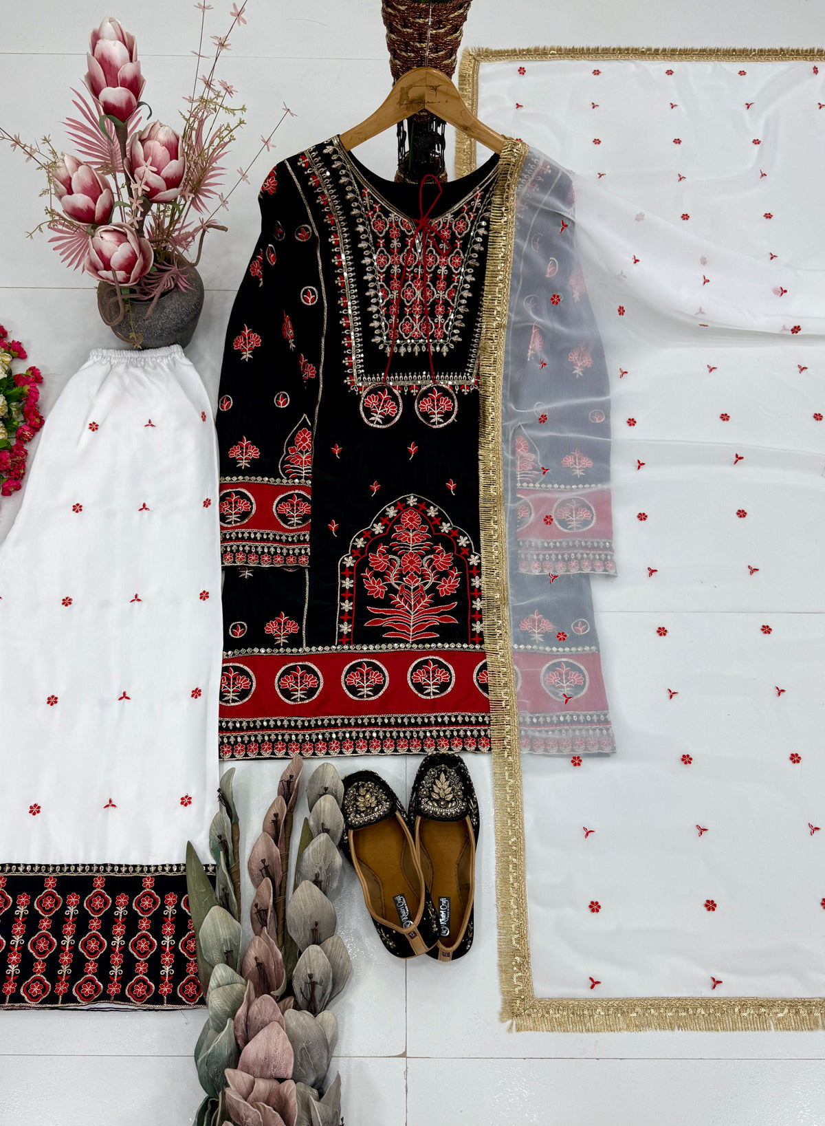 Designer heavy embroidery sequence work 3 piece suit set with natural silk top, embroidered palazzo and faux georgette dupatta with fancy lace border.