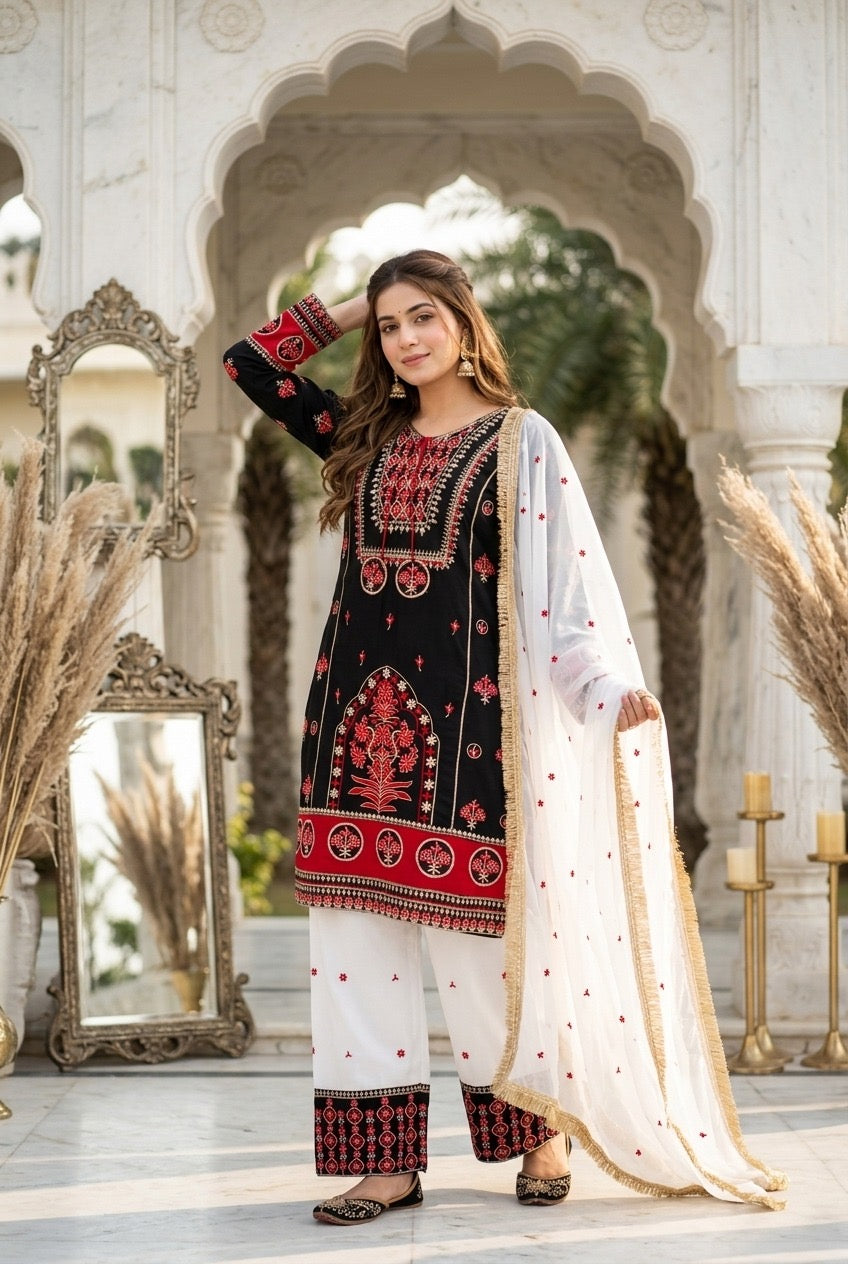 Designer heavy embroidery sequence work 3 piece suit set with natural silk top, embroidered palazzo and faux georgette dupatta with fancy lace border.