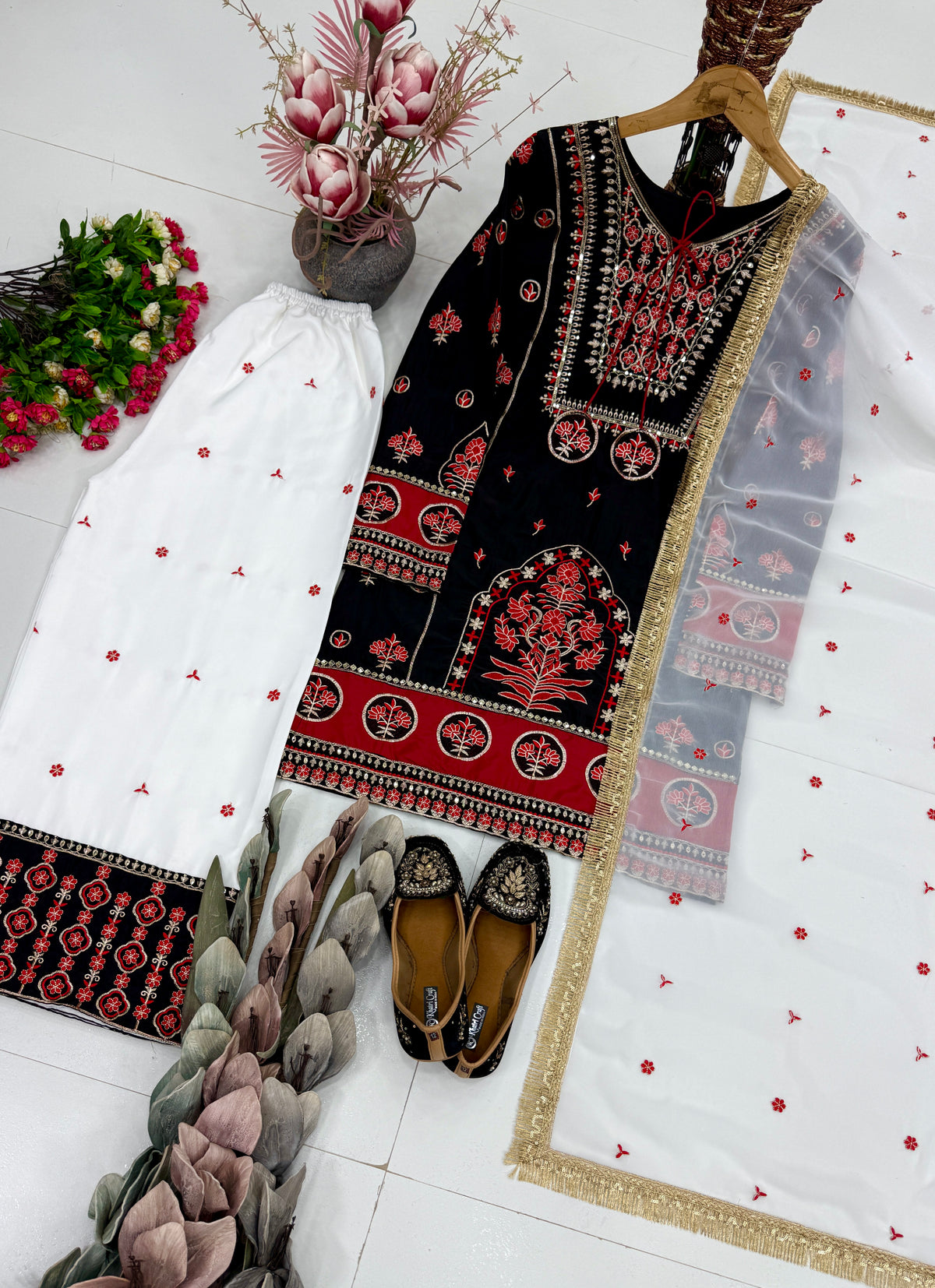 Designer Black & White Embroidered 3 Piece Suit Set with Dupatta