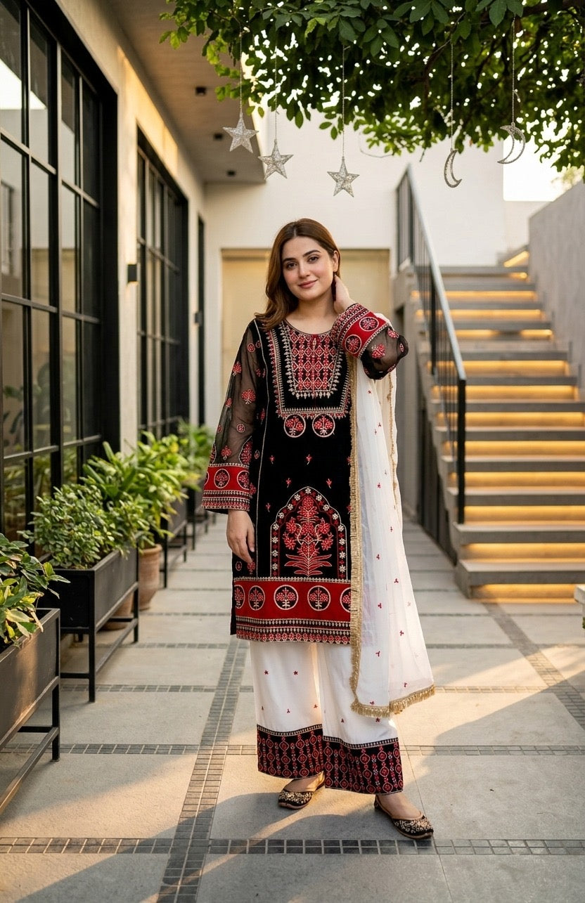 Designer heavy embroidery sequence work 3 piece suit set with natural silk top, embroidered palazzo and faux georgette dupatta with fancy lace border.