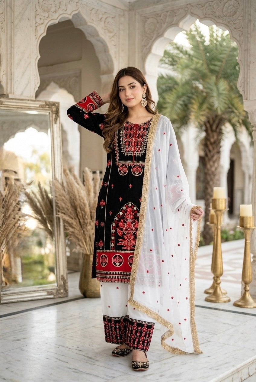 Designer heavy embroidery sequence work 3 piece suit set with natural silk top, embroidered palazzo and faux georgette dupatta with fancy lace border.
