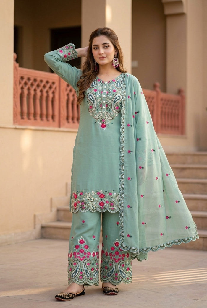 Elegant Embroidered 3 Piece Pakistani Suit Set | Kurti Pant & Dupatta