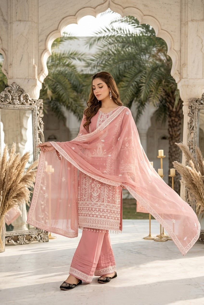Designer heavy embroidery Chine sequence work 3 piece suit set with faux georgette top, palazzo and dupatta