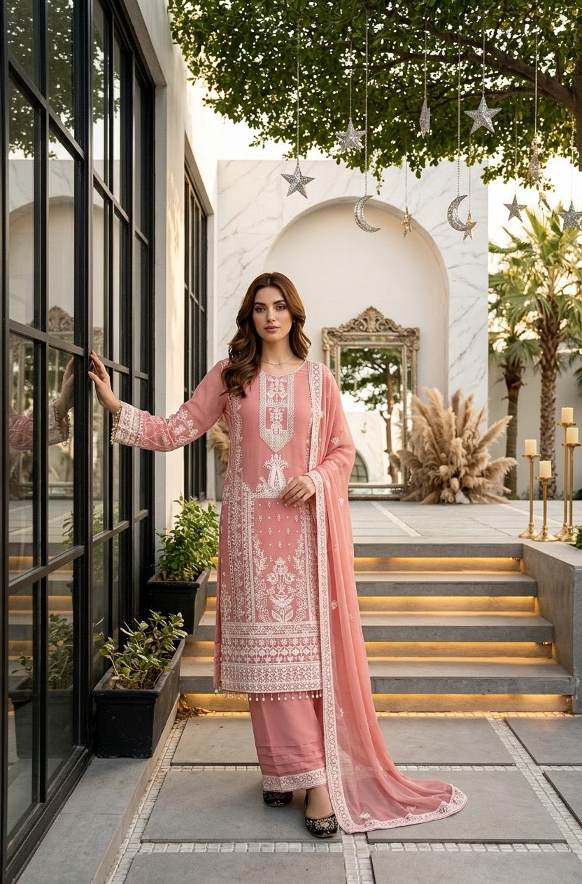 Designer heavy embroidery Chine sequence work 3 piece suit set with faux georgette top, palazzo and dupatta