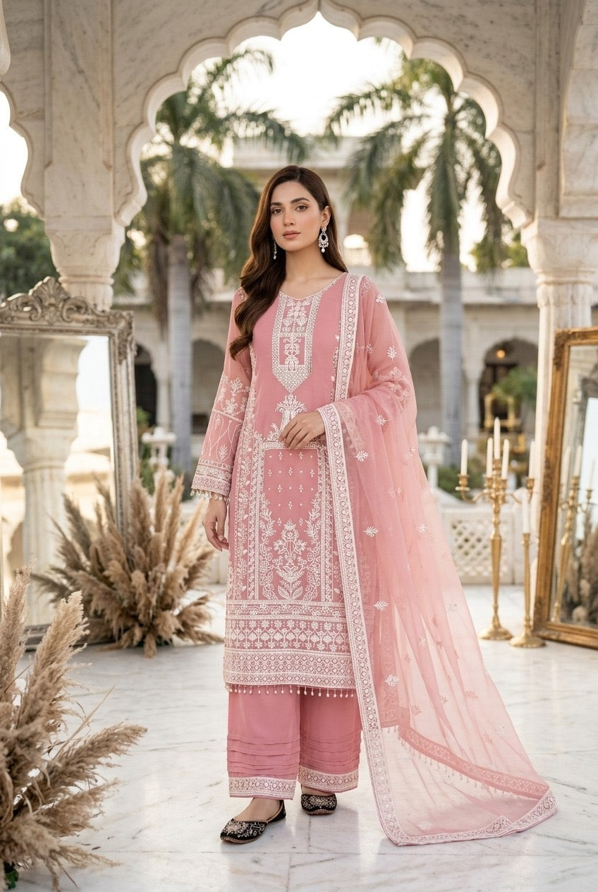 Designer heavy embroidery Chine sequence work 3 piece suit set with faux georgette top, palazzo and dupatta