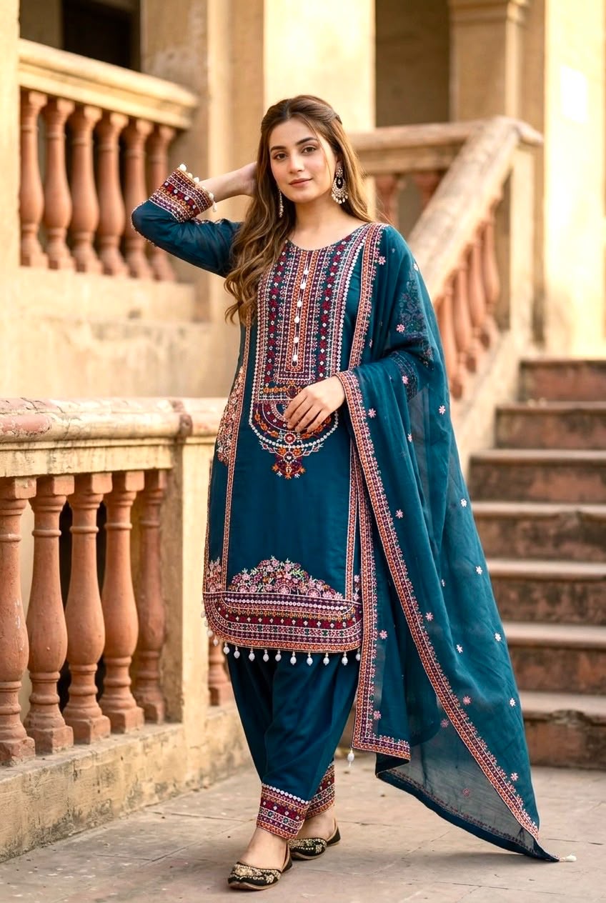 Designer Embroidered Pakistani 3 Piece Suit Set with Dupatta
