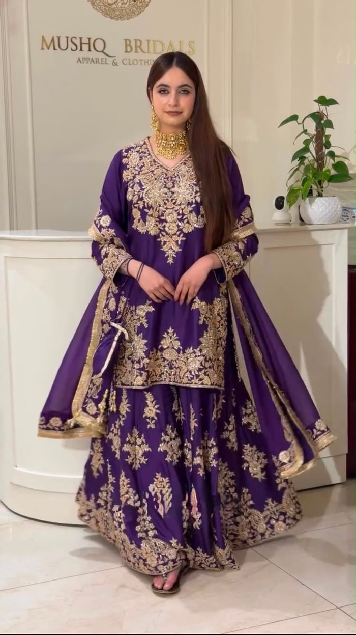 Designer Heavy Embroidery Anarkali Sharara Set With Dupatta | Festive & Wedding Wear