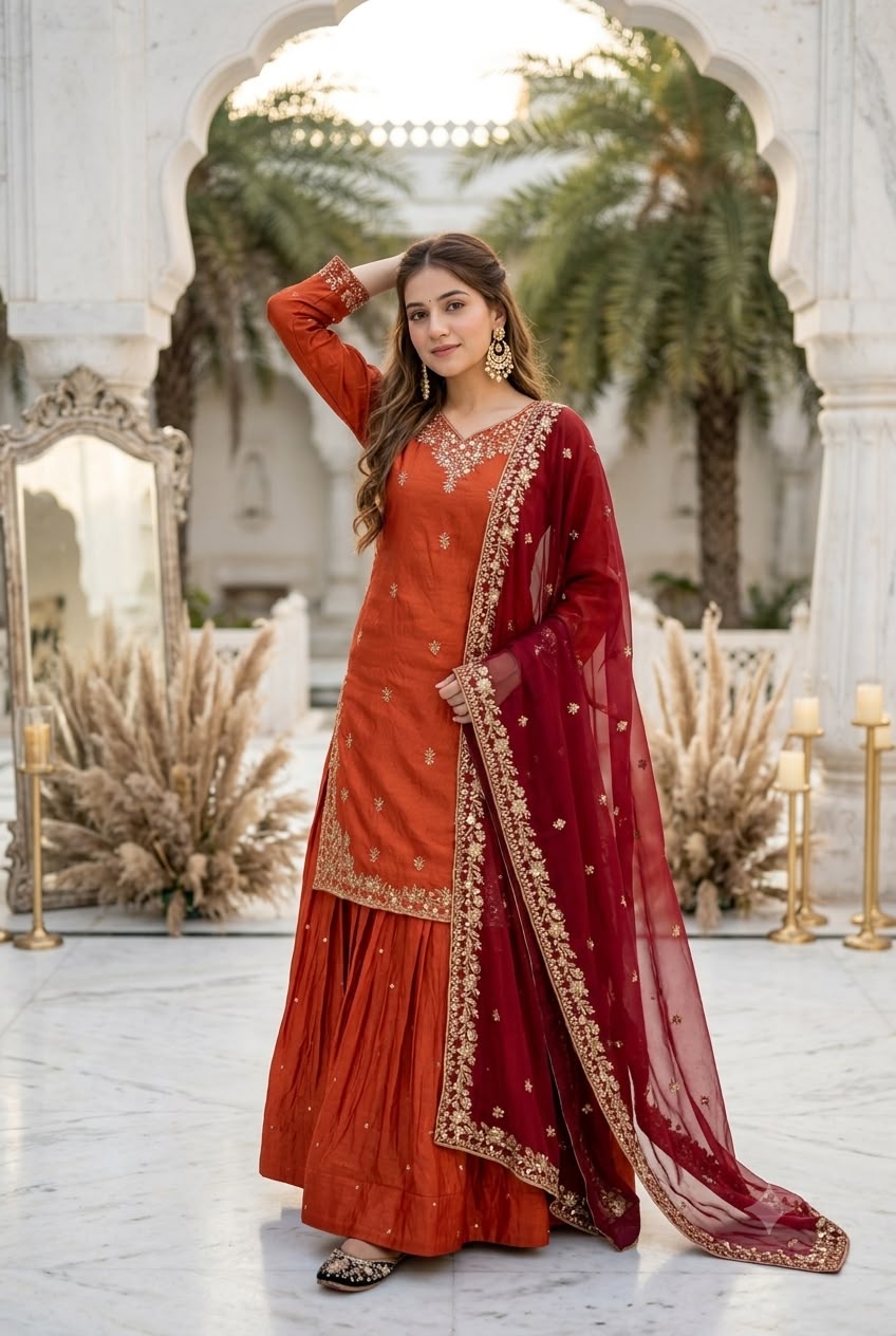 Designer Embroidered Kurta Sharara With Dupatta Set For Women | Festive Ethnic Wear
