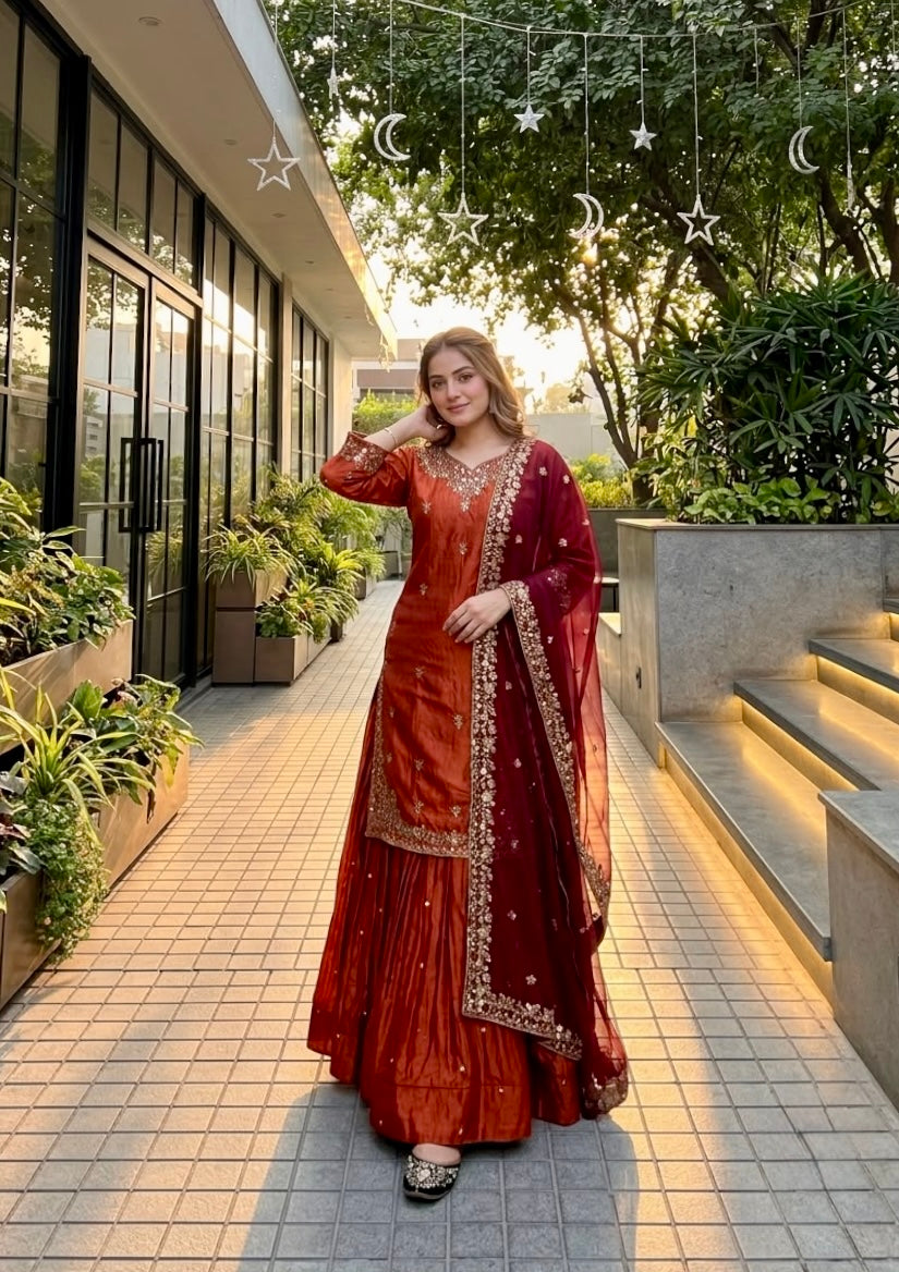 Designer Embroidered Kurta Sharara With Dupatta Set For Women | Festive Ethnic Wear