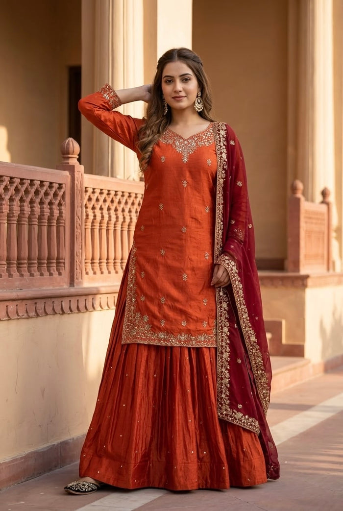 Designer Embroidered Kurta Sharara With Dupatta Set For Women | Festive Ethnic Wear
