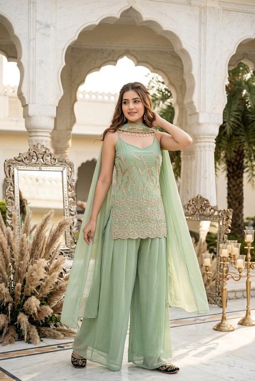 Mint Green Embroidered Kurta Palazzo Set with Dupatta | Premium Ethnic Wear
