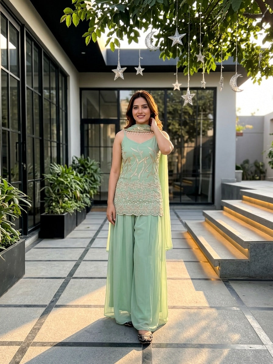 Mint Green Embroidered Kurta Palazzo Set with Dupatta | Premium Ethnic Wear