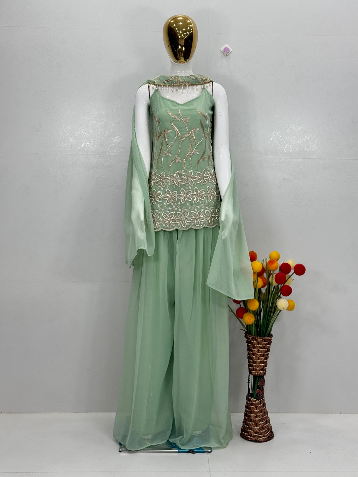 Mint Green Embroidered Kurta Palazzo Set with Dupatta | Premium Ethnic Wear