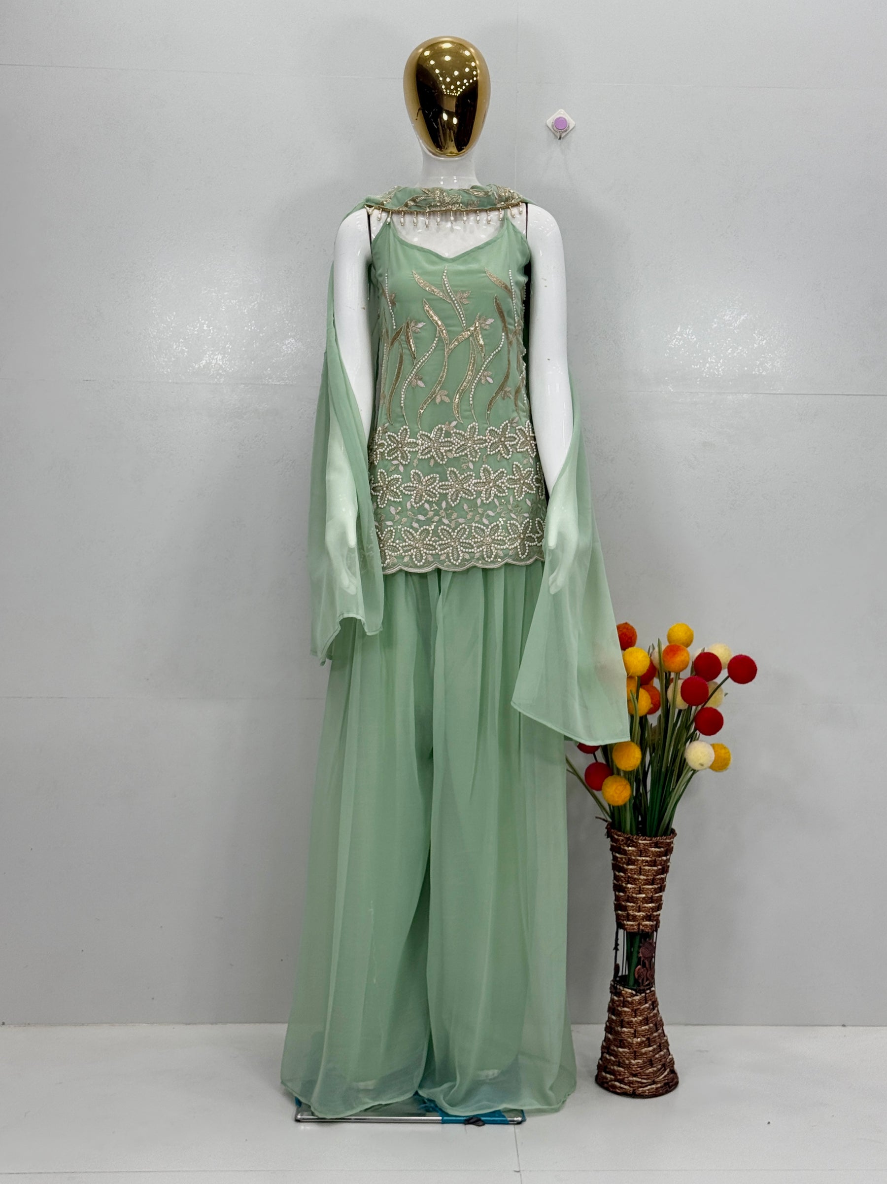 Mint Green Embroidered Kurta Palazzo Set with Dupatta | Premium Ethnic Wear