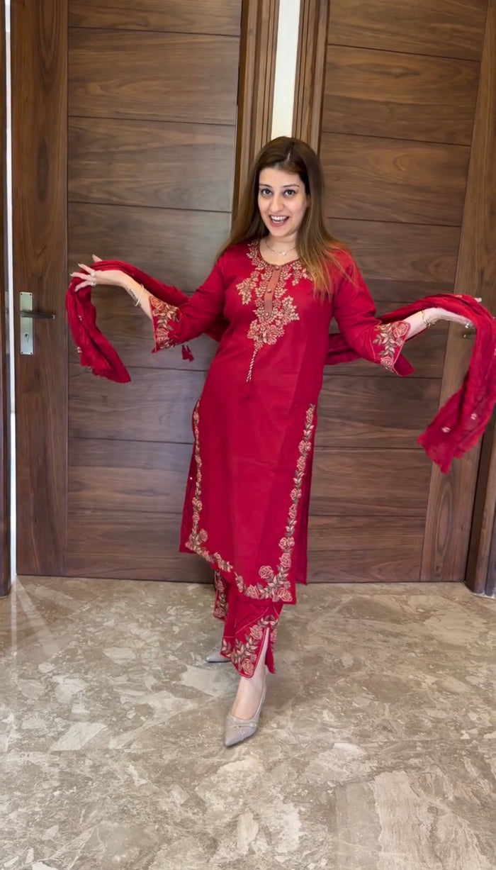 Premium Embroidered Straight Kurta Pant Set with Dupatta | 3-Piece Ethnic Suit