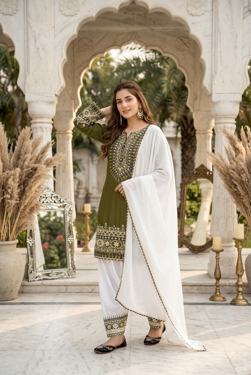 Olive Green Embroidered Straight Kurta Pant Set with White Dupatta | 3 Piece Salwar Suit