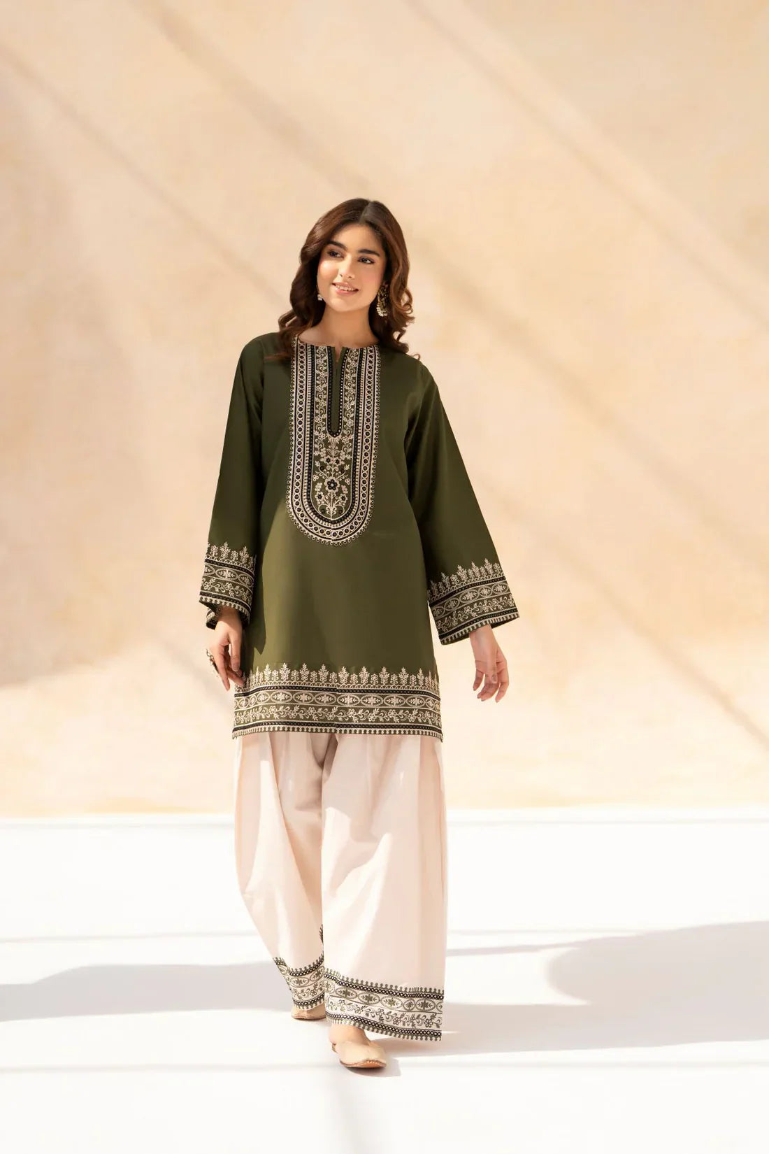 Olive Green Embroidered Straight Kurta Pant Set with White Dupatta | 3 Piece Salwar Suit