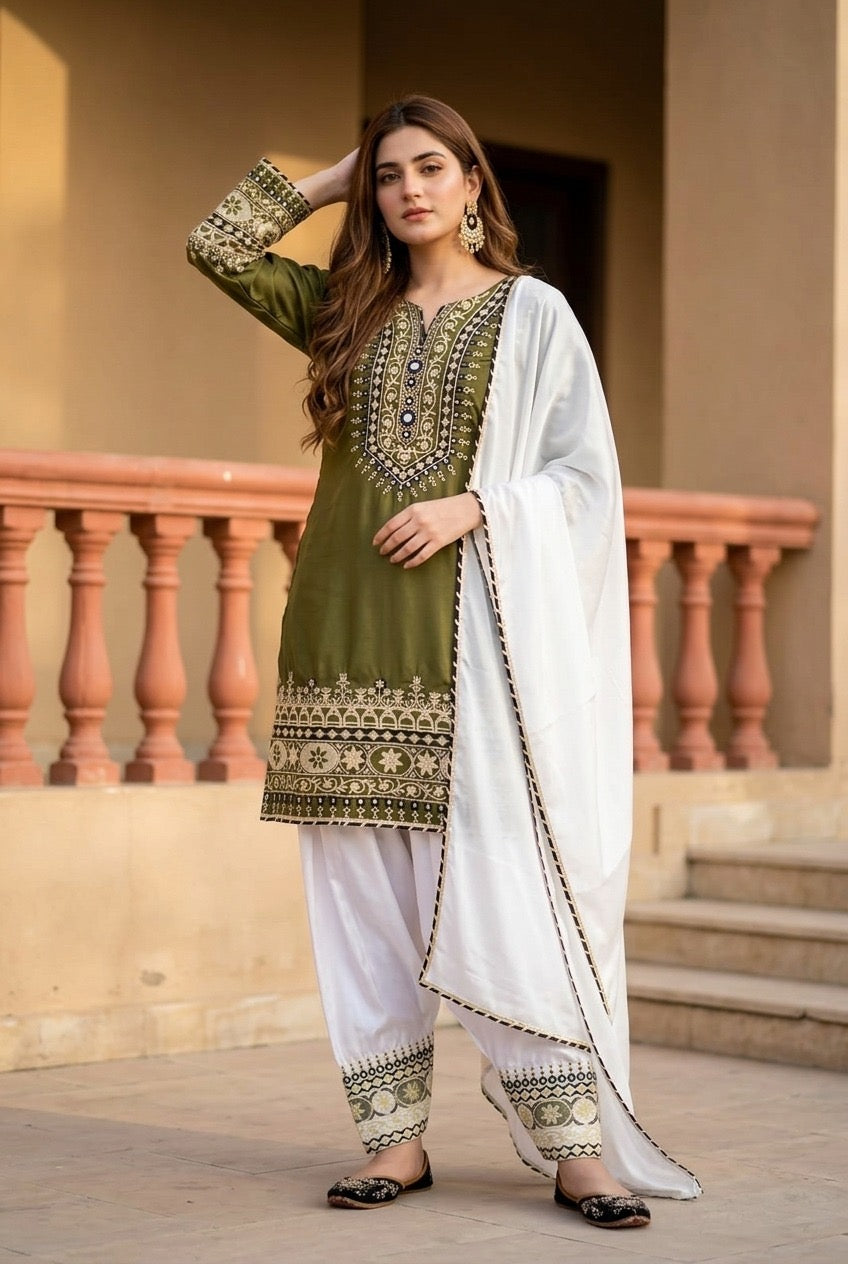 Olive Green Embroidered Straight Kurta Pant Set with White Dupatta | 3 Piece Salwar Suit