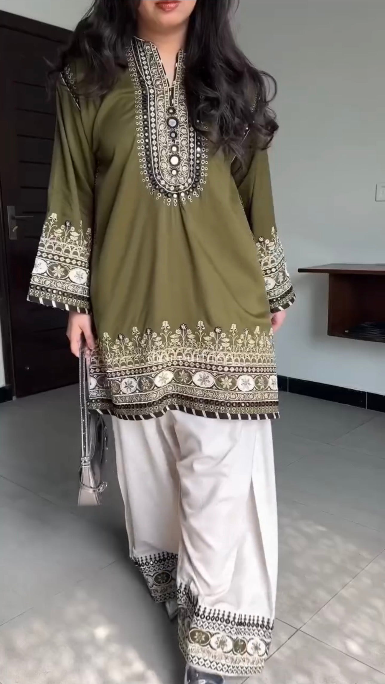 Olive Green Embroidered Straight Kurta Pant Set with White Dupatta | 3 Piece Salwar Suit