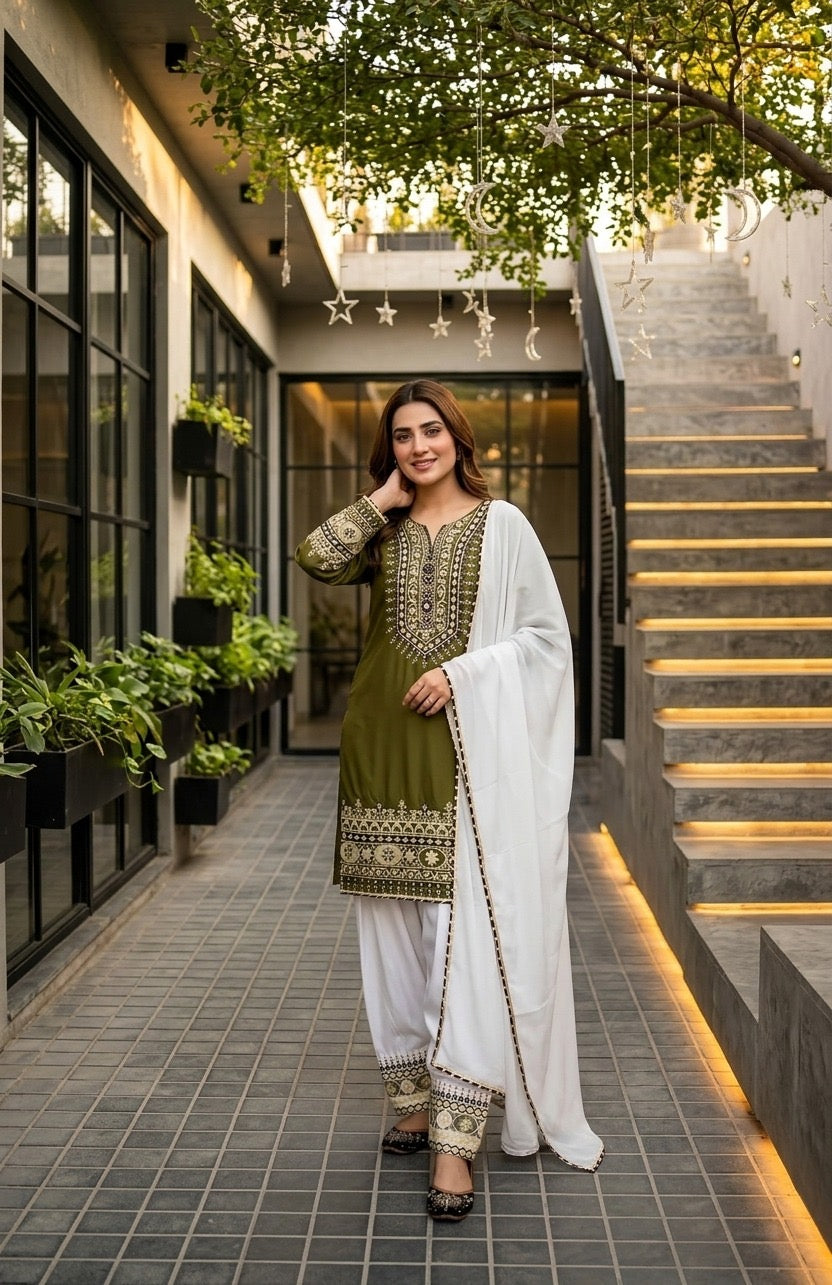 Olive Green Embroidered Straight Kurta Pant Set with White Dupatta | 3 Piece Salwar Suit
