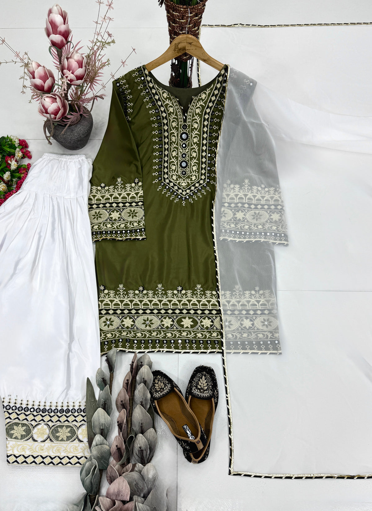 Olive Green Embroidered Straight Kurta Pant Set with White Dupatta | 3 Piece Salwar Suit