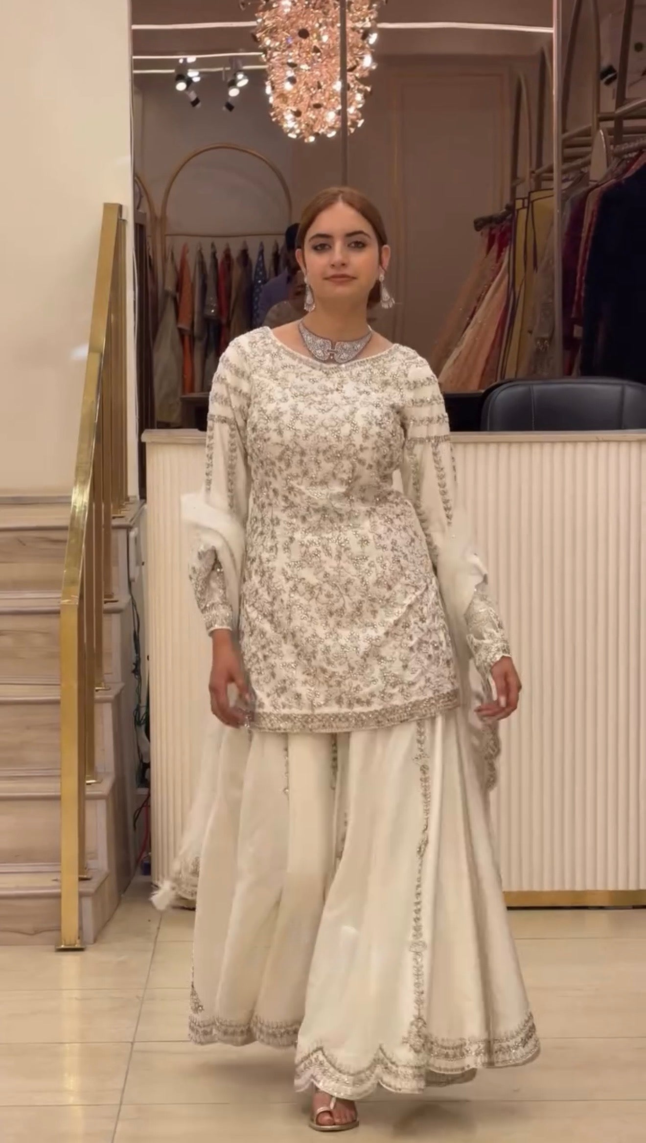 Premium White Embroidered Sequence Work 3 Piece Sharara Suit Set