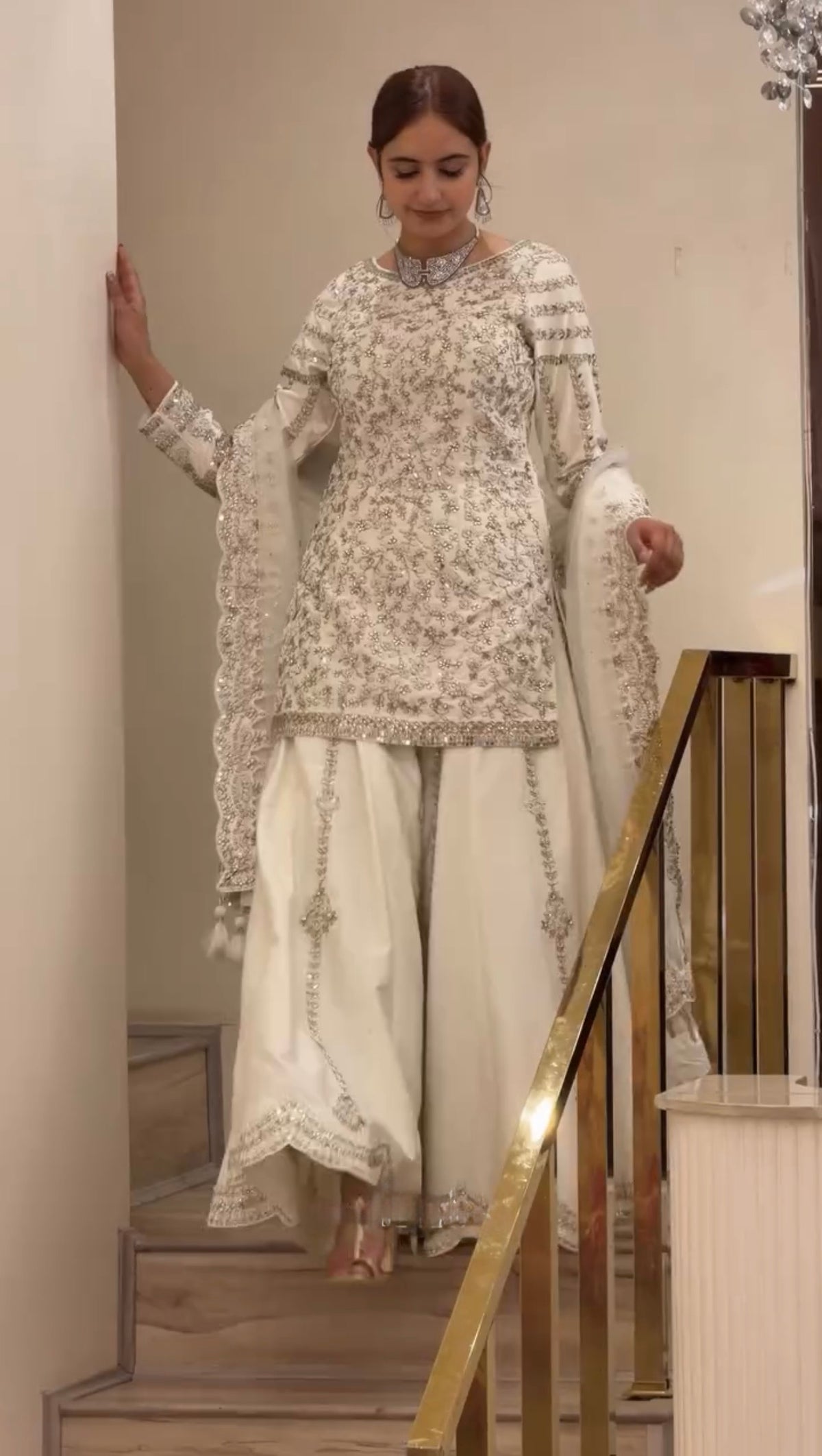 Premium White Embroidered Sequence Work 3 Piece Sharara Suit Set