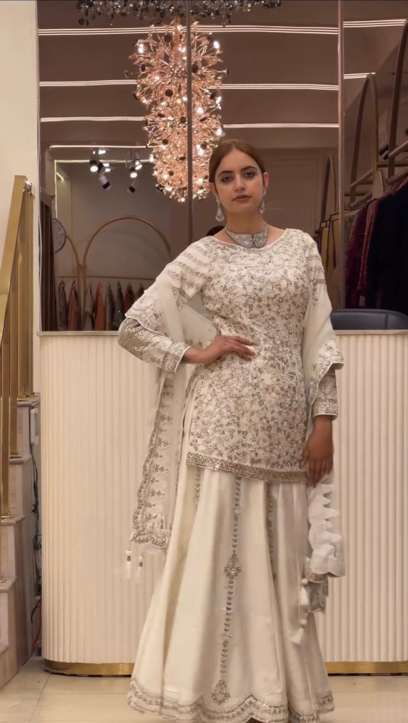 Premium White Embroidered Sequence Work 3 Piece Sharara Suit Set