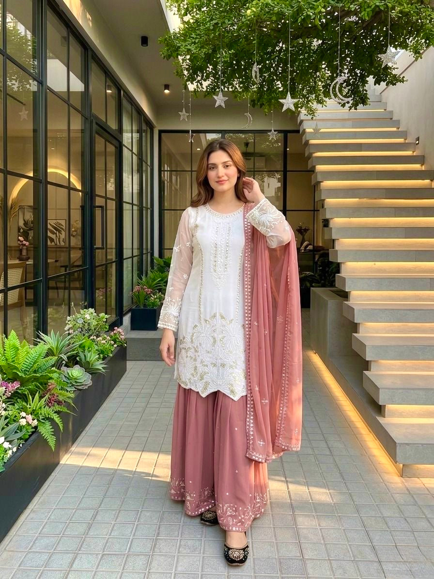 Elegant Embroidered White Kurta Palazzo Suit Set with Dupatta